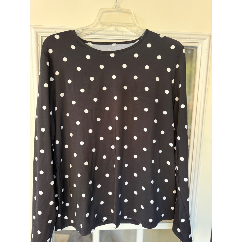 Lands End SunShade UPF 50 Long Sleeve Rash Guard Swim Tee Navy Polka Dot Size l